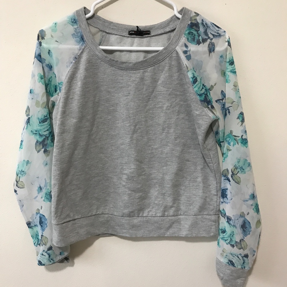 Macy's Blue Flower Sheer Sleeve Gray Sweater S